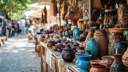 Colorful market stall showcasing handmade pottery and crafts