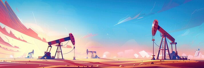 Fototapeta premium Oil drilling derricks are extracting crude oil in a desert oilfield under clear skies, highlighting industrial activity in remote locations. Generative AI
