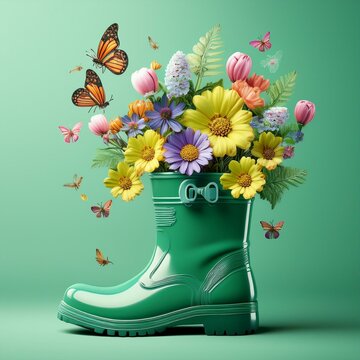 green rubber boot full of colorful spring flowers with butterflies and bees on mint green background spring is here concept 3d rendering 3d illustration