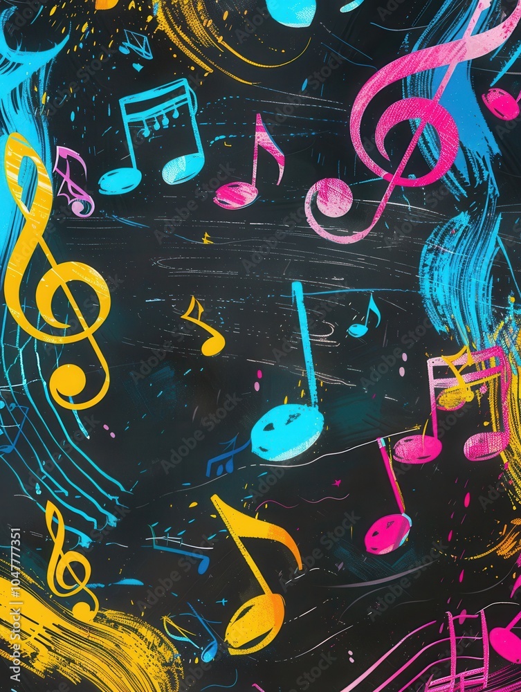 Poster A chalkboard showcases an artistic display of colorful brushstrokes intertwined with bright musical notes and symbols for an inspiring vibe. Generative AI