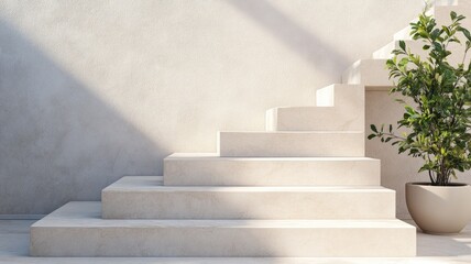 Modern white staircase with potted plant beside steps, sunlight casting shadows