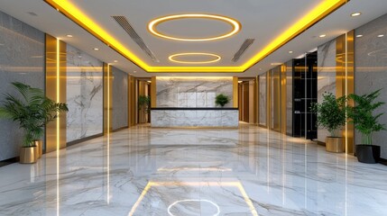 Stunning Luxury Lobby with Circular Lighting Fixtures and Sleek Marble Flooring