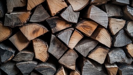 Fototapeta premium Stacked cut wood logs with rough textures