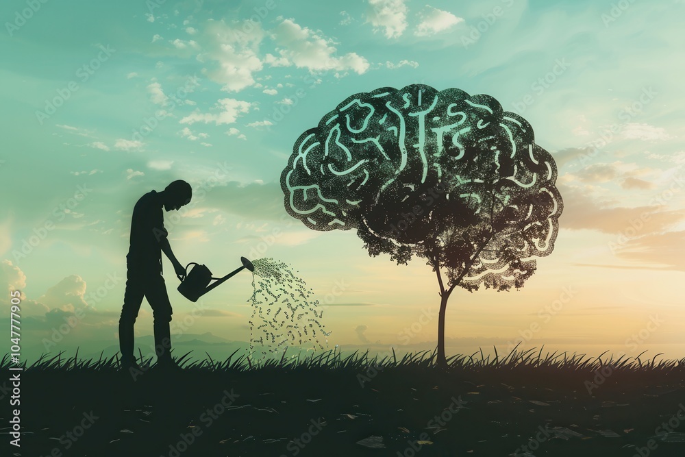 Poster a silhouette of a man watering a brain-shaped tree, representing the nurturing of creativity and int