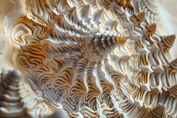 Intricate close-up of a seashell showcasing its stunning patterns and textures in soft beige and cream colors.