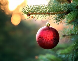 Obraz premium selective focus of red christmas ball on pine branch