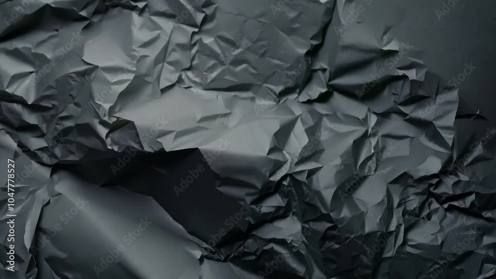 Poster The surface showcases an intricate pattern of crumpled black paper, highlighting depth and texture under soft lighting. This background adds a dramatic element.