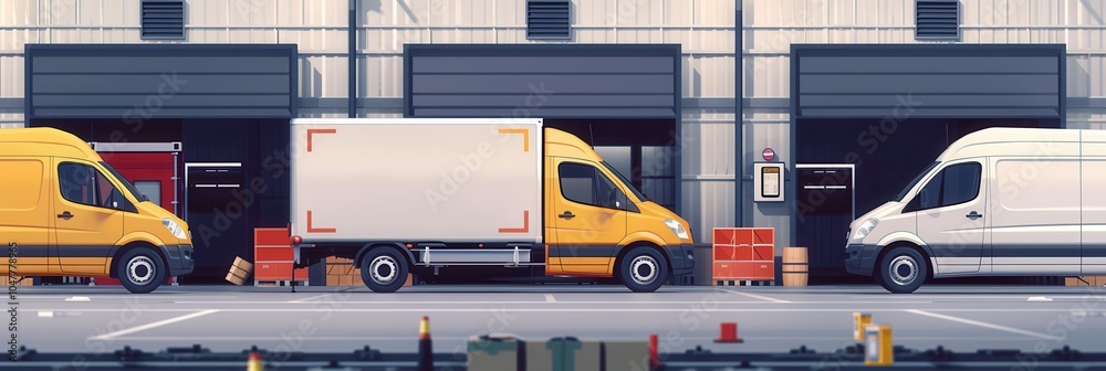 Poster several trucks and vans are parked at a warehouse, ready for loading with cargo boxes in a bustling 