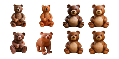 Cute Wooden Bear Figurines Displayed on White Background, PNG collection, set bundle, isolate on transparent or white background