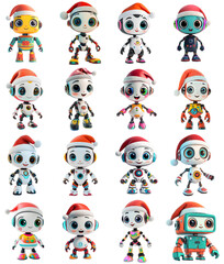 Festive Christmas Robot Illustrations Set with Santa Hats on Transparent Background for Holiday Designs