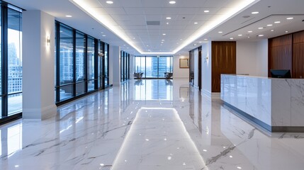 Elegant and Spacious Modern Office Lobby with Marble Flooring and Bright Lighting