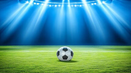 Naklejka premium Classic Soccer Ball on Lush Green Field Under Stadium Spotlights at Night, Game Day Atmosphere