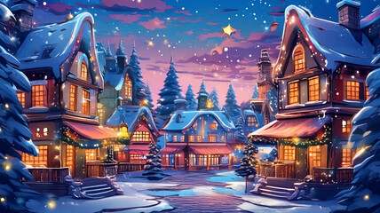 Fototapeta premium Christmas Harmony in a Joyful Cartoon Wonderland with Glittering Trees, Cheerful Decorations, and Enchanting Details, Illuminating a Festive Village in Delightful Blue and Pink Hues