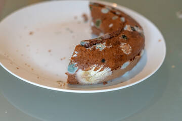 Half of a chocolate cake developed mold on the surface