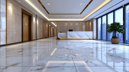 Elegant and Spacious Modern Lobby Interior Design with Marble Flooring and Minimalist Furnishings
