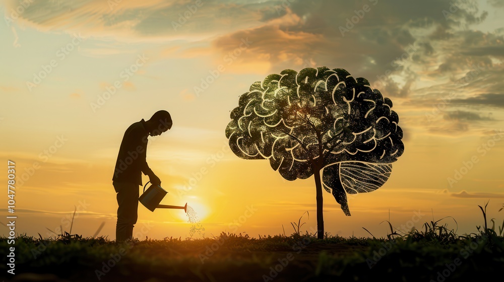 Aufkleber a man is silhouetted against the sunset, watering a tree that resembles a human brain, representing 