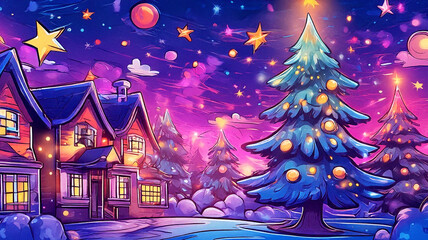 Fototapeta premium Christmas Harmony in a Joyful Cartoon Wonderland with Glittering Trees, Cheerful Decorations, and Enchanting Details, Illuminating a Festive Village in Delightful Blue and Pink Hues