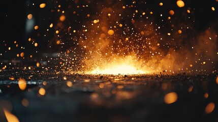 gold spark bokeh fire flame from cutting steel welding at industry factory.	