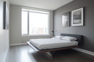 Modern Minimalist Bedroom Showcasing Sleek Wall-Mounted Headboard and Streamlined Decor for a Tranquil and Uncluttered Retreat