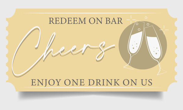 Yellow coupon for one free drink. Redeem on bar. Vector graphics. Wedding, birthday, corporate event. EPS 10