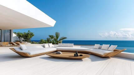 Fototapeta premium Stunning Beachfront Villa with Expansive Terrace Overlooking the Tropical Ocean