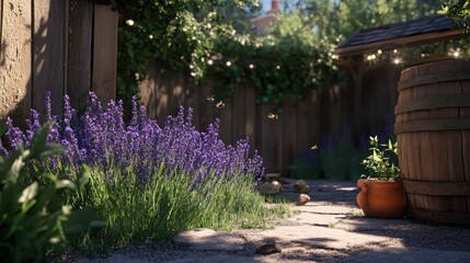 A serene backyard with a wooden fence, a lavender garden, a path, a barrel, and a potted plant.