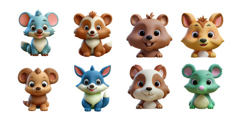 Cute Cartoon Animal Characters for Kids' Designs, PNG collection, set bundle, isolate on transparent or white background