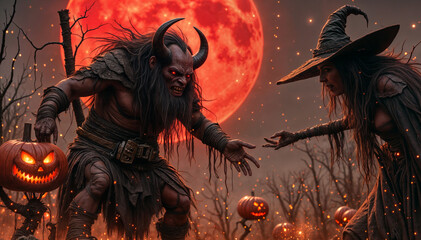 a fierce battle between two characters, one dressed as a witch and the other as a devil. They are fighting under a red moon.