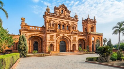 Obraz premium A grand brick building with intricate details and arched doorways, surrounded by a garden with palm trees.