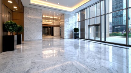 Fototapeta premium Elegant and Spacious Modern Office Interior with Marble Floors and City View