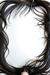 Naklejka premium Captivating arrangement of flowing black hair creating a whimsical, artistic frame against a clean white backdrop during a creative indoor session