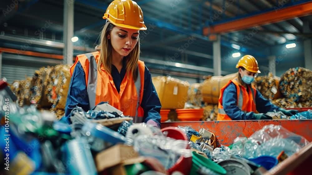 Poster two workers in safety gear meticulously sort through piles of recyclable materials at a waste manage