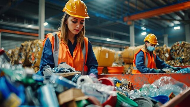 Two workers in safety gear meticulously sort through piles of recyclable materials at a waste management facility, ensuring proper disposal and recycling during daylight hours.