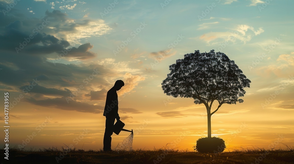 Aufkleber a man stands silhouetted against a sunset, watering a tree shaped like a brain to illustrate the gro