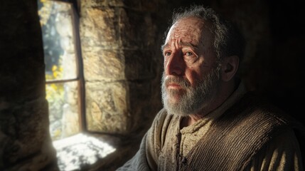 Fototapeta premium medieval period man looking out the window