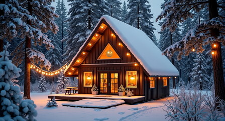 Cozy winter cabin with festive lights in snowy forest