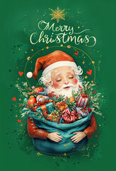 little santa claus holding a big bag if gifts 