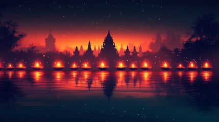 Fototapeta premium Serene Sunset with Temple Silhouette and Floating Diyas Diwali