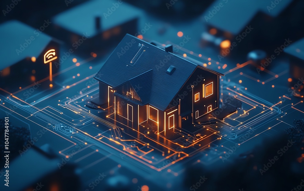 Poster A sleek smart home circuit design, connected to IoT function icons for security, energy, and automation via digital network