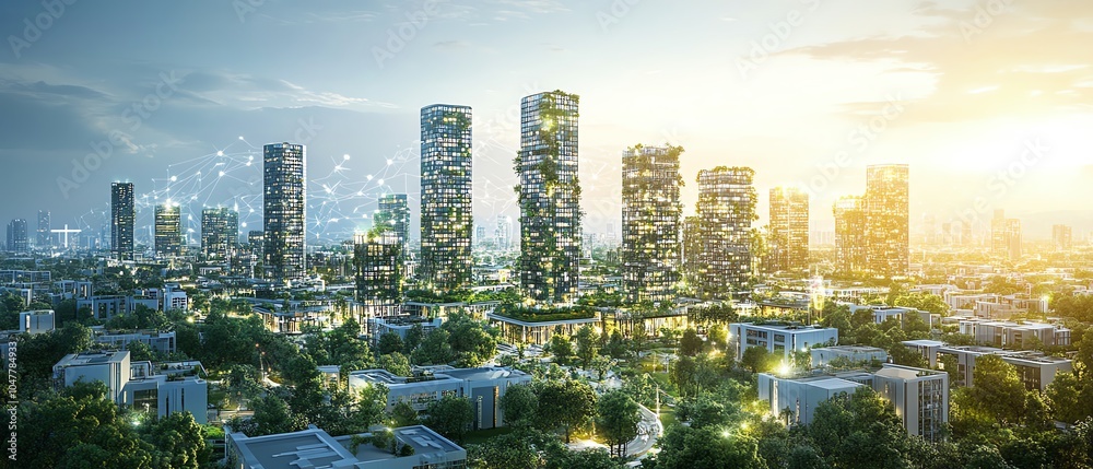 Aufkleber futuristic city design with smart buildings integrated into a digital iot network, featuring ai tech