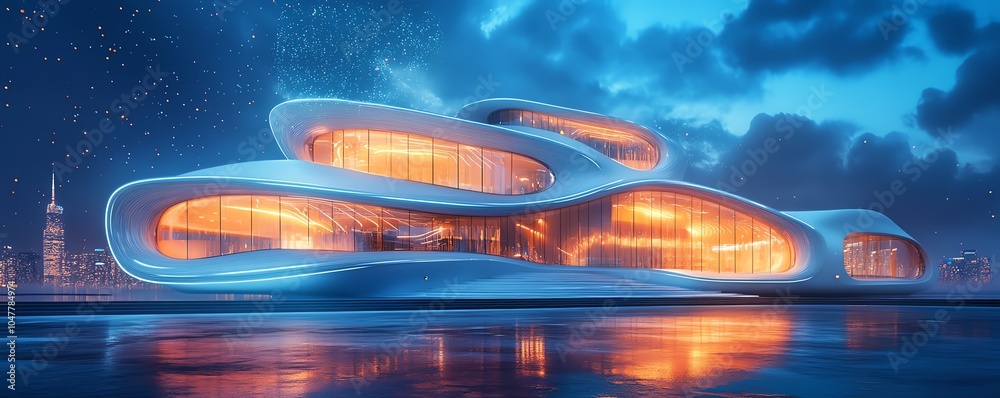 Poster futuristic smart building concept for urban cities, featuring iot and ai technologies for seamless u