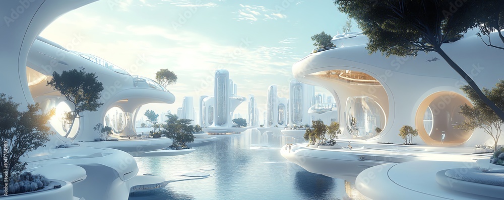 Poster futuristic smart building concept for urban cities, featuring iot and ai technologies for seamless u