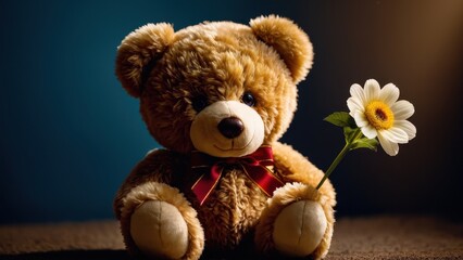 Obraz premium Adorable teddy bear with a flower, ideal for expressing love and affection, perfect as a thoughtful gift or a cozy decor piece.