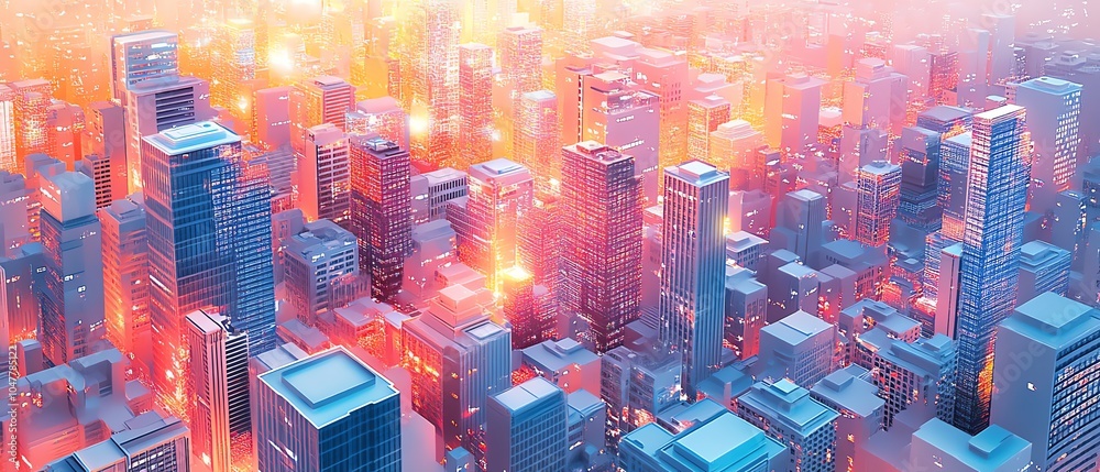 Poster graphical representation of a smart city with interconnected buildings, aidriven systems, and iot te