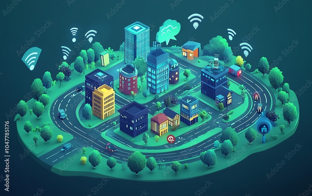 Leinwandbilder graphical smart city illustration with digital iot networks connecting intelligent buildings, powere