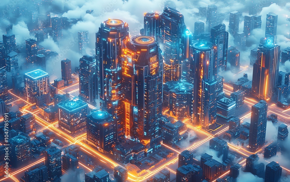 Leinwandbilder graphical smart city illustration with digital iot networks connecting intelligent buildings, powere