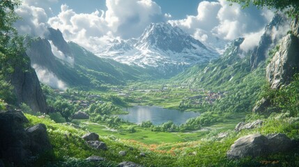Obraz premium A picturesque valley nestled amidst snow-capped mountains, with a tranquil lake and a small village.