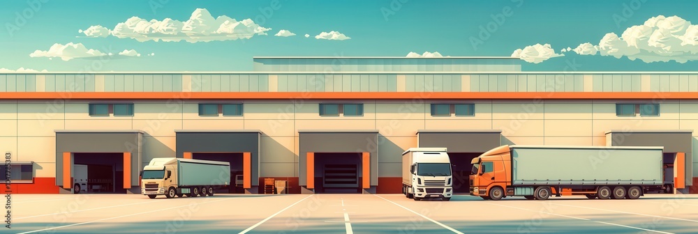 Leinwandbilder multiple trucks and vans stand ready at a warehouse loading dock during daylight, preparing for upco