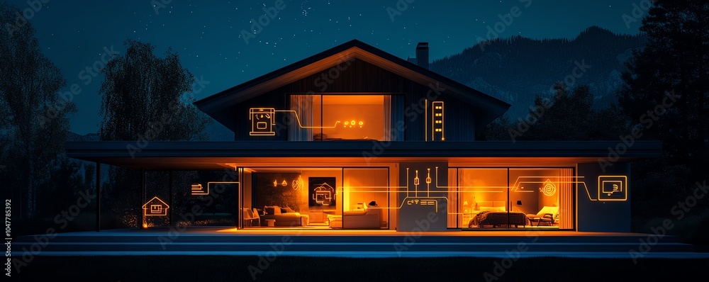 Poster IoTenabled smart home with a network of function icons for security, lighting, and monitoring, connected through advanced circuitry