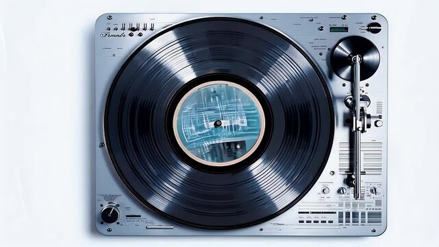video of beautifully vintage inspired record player turning disk moving stylus white background in 4K loop vintage dj audio disco	